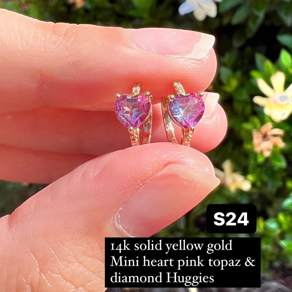 14k solid yellow gold heart huggie with pink topaz and diamonds